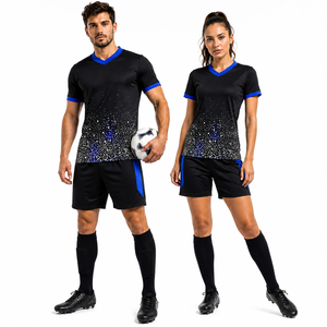 Uniformes de Fútbol Personalizados con Sublimación, Cuello en V, Manga Corta, Transpirables, de Poliéster, para Adultos, Unisex, Conjunto de Equipo, Negro y Azul - Product Image 1