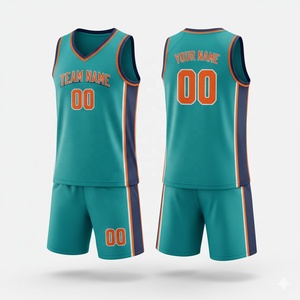 Conjunto de Uniforme de Baloncesto Sublimado Personalizado, Color Verde Azulado y Naranja, Cuello en V, Sin Mangas, Malla Transpirable, Ecológico, que Absorbe la Humedad - Product Image 1