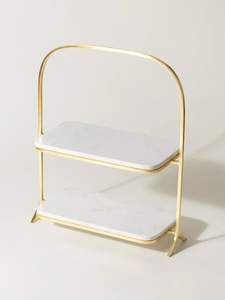 Support à gâteau élégant à 2 niveaux en marbre pour présentation sur table de desserts, avec assiettes en bois naturel pour mariage et comptoir de boulangerie - Product Image 4