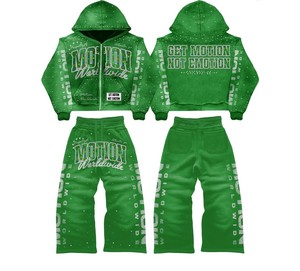 Conjunto de Sudadera y Pantalones Deportivos Vintage Desgastados Personalizados de la Marca TAHAD, con Cierre de Cremallera y Pedrería, Estilo Oversize para Hombre - Product Image 4