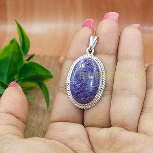 Grand collier pendentif en charoïte violette, pendentif en argent sterling 925, grand bijou en charoïte violette, cadeau pour femme - Product Image 3