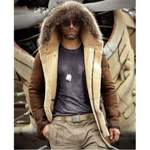 Veste d'hiver pour homme en cuir véritable marron avec capuche en fourrure, rembourrage en duvet, coupe-vent, style décontracté, coupe régulière - Product Image 4