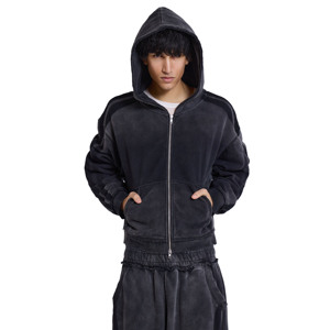 Sweat à capuche zippé personnalisé pour homme 2025 en 100 % coton, broderie chenille, motif uni, tissu polaire, coupe ample, respirant, écologique - Product Image 2