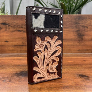 Regalo personalizado para hombres plegable hecho a mano cuero de vaca Vintage Floral Patter cuero genuino tarjetero billetera - Product Image 5