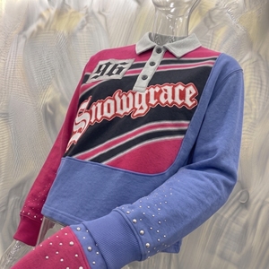 เสื้อเบสบอลแขนยาวสีสันตัดกัน Snowgrace ปักโลโก้ คอปกพับได้ ทรงปกติ เสื้อผ้าผู้หญิง - Product Image 6