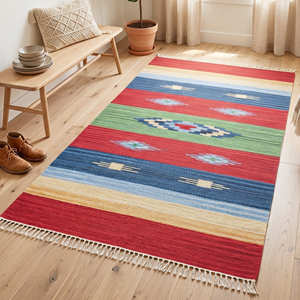 Grand tapis kilim en coton à rayures arc-en-ciel pour chambre d'enfant, salon familial, intérieurs contemporains et scandinaves - Product Image 2