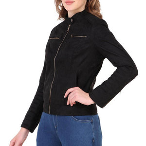 Women's Black <b>Suede</b> Moto <b>Jacket</b> With Zipper Closure Stand Collar Full Sleeve Autumn Style - Product Image 4