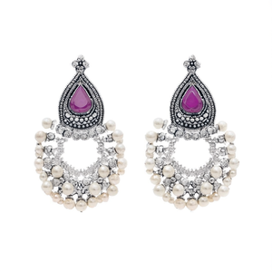 Vintage Ruby Floral Oxidized Brass Hoop Earrings with Pearl and Diamond Accents - Product Image 2