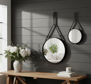 Espejo de Pared con Marco de Cuero Negro, Correa Ajustable, Ligero, Ecológico, Decoración Contemporánea para el Hogar, Adorno para Sala de Estar - Product Image 6