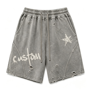 Pantalones Cortos de Algodón 100% para Hombre, Estilo Vintage, Lavados, Lisos, con Efecto Desgastado, Bajo Deshilachado, Cintura Elástica, Casuales, para Gimnasio y Correr - Product Image 1