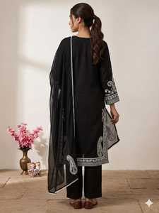 Women Black CHINNONSILK Salwar Kameez With Embroidered Dupatta Traditional Casual Wear India Pakistan Style Ankle Length Regular - Product Image 3