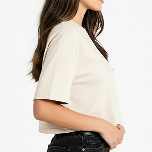 Women's <b>Cream</b> <b>Crop</b> <b>Top</b> Short Sleeve Crew Neck Loose Fit Solid Color Cotton T-Shirt With Logo Print Casual Spring Summer Wear - Product Image 6