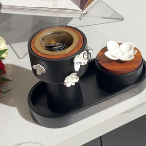 Modern Matte Black Metal & Wood Incense Burner Box With Tray & <b>White</b> Flower Accents. Powder Coating Finish For Home Decor - Product Image 5