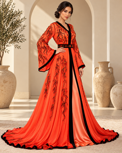 Caftan marocain Mishkat Couture corail orange avec broderie de perles noires et dorées, manches cloche, ceinture en velours, MAXI, élégant pour les fêtes d'hiver - Product Image 4