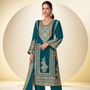 Ensemble palazzo élégant en chinon véritable de qualité supérieure avec dupatta en chinon numérique, tenue de soirée de créateur, fabriqué par Royal Exports - Product Image 1