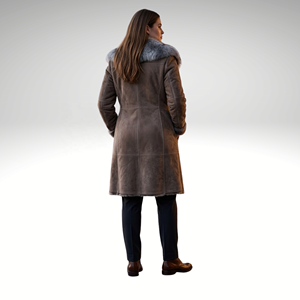 Genuine Sheepskin <b>Trench</b> <b>Coat</b> for Women Refined Long Winter Outerwear Garment Dyed Fur Trim Fashion by Novenza - Product Image 2