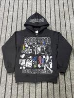 Sweat à capuche zippé en polaire bleu avec broderie patchwork, streetwear homme, vêtements d'automne