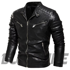 Men's Black PU Leather Moto Jacket Turn-<b>down</b> Collar Zipper Closure Slim Fit Autumn Wear - Product Image 1
