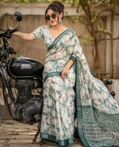 Sari Reversible de Poliéster y Mezcla de Seda sin Arrugas para Mujer, Estilo Bollywood, con Blusa sin Coser (Crema) - Product Image 6