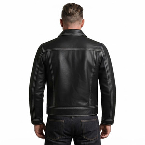 Veste de camionneur pour homme en cuir de vachette véritable, surpiqûres contrastées, fermeture éclair, poche à rabat, noire, style vintage, veste utilitaire pour homme - Product Image 4