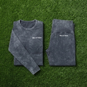 Women Charcoal Acid Wash Yoga Set Long Sleeve <b>Crop</b> Top High Waist <b>Leggings</b> Gym Fitness Workout Activewear - Product Image 6