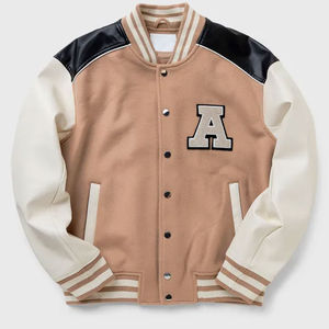 Men's Beige Varsity <b>Jacket</b> With White Sleeves Turn-down Collar Preppy Style Autumn Wear Embroidered Letter A Front Closure - Product Image 1