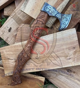 Hacha Vikinga de Doble Hoja Hecha a Mano por Steel Craft International, Hoja de Acero al Carbono, Cabeza con Diseño Tallado, Mango de Madera, Estilo Industrial - Product Image 6