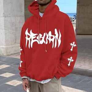 Sweat-shirt à capuche rouge personnalisé pour homme, coupe oversize, décontracté, en coton tricoté, pour l'automne, imprimé croix blanche, manches classiques, OEM - Product Image 2