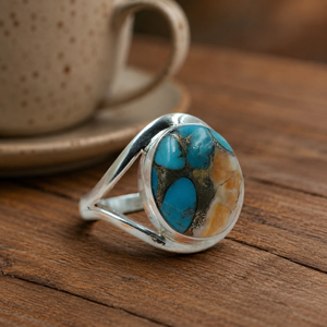 Natural Blue <b>Turquoise</b> Orange Oyster Copper Gemstone <b>Ring</b> 925 Silver Rose Gold & Yellow Gold Plated Handmade Statement <b>Ring</b> Her - Product Image 3