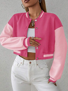 Chaqueta Varsity Corta Rosa Personalizada para Mujer, Chaqueta Bomber de Béisbol con Mangas en Contraste de Color Sólido, Estilo Corto para Otoño, OEM - Product Image 2