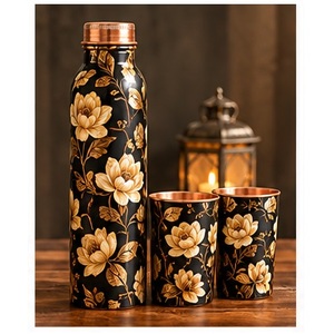 Juego de Botellas de Agua de Cobre con Estampado de Flores de Cerezo Negro, con Tazas a Juego, Vajilla Portátil para Viajar - Product Image 4