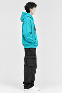 Sweat-shirt à capuche turquoise pour homme, décontracté, avec poche avant, imprimé toile d'araignée noire, 100% coton, coupe ample - Product Image 3
