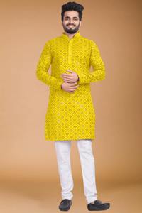 Ensemble Kurta Pyjama pour Homme de Qualité Supérieure, Tenue Traditionnelle Indienne Ethnique en Mélange Coton-Lin, Confortable pour les Fêtes, En Vente - Product Image 6