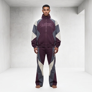 Mens Burgundy Gray White Color Block Tracksuit Set <b>Zip</b> <b>Up</b> <b>Jacket</b> Flared Pants Custom Streetwear Sportswear - Product Image 1
