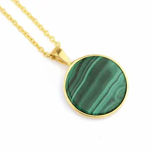 Latest Natural Gemstone Green Malachite 925 Sterling Silver Gold Plated Splendid Coin Shape Design 18 Inch Bezel Chain Necklace