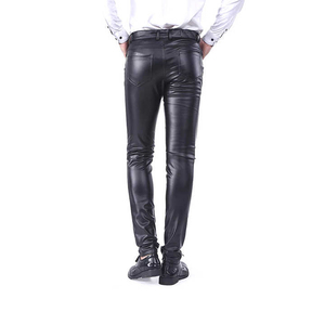 Pantalones de Cuero PU Negros para Hombre, Cintura Alta, Corte Ajustado, Estilo Motero, con Bolsillos Laterales, Cierre de Cremallera, Transpirables, de Spandex y Poliéster - Product Image 2
