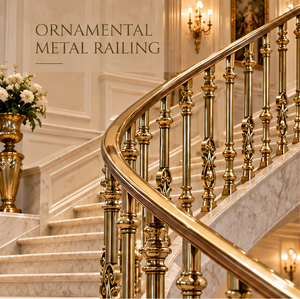 Rampe d'escalier en métal doré orné avec balustres tournés décoratifs et détails en relief pour les intérieurs de villas de luxe - Product Image 3