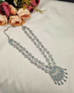 Elegant Rhodium Plated Cubic Zirconia <b>Jewellery</b> <b>Set</b> Multi Layer Long Necklace Matching Earrings Mangtika Partywear <b>Set</b> Wholesale - Product Image 5
