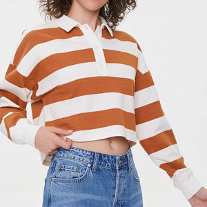 Striped Long Sleeve Crop <b>Polo</b> Shirt <b>Men's</b> Casual Woven Button Front Orange <b>White</b> Design - Product Image 5