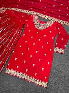 Conjunto de Pantalón y Top con Bordado Pesado y Lentejuelas con Pedrería, con Dupatta, Hermoso y Elegante Vestido Rojo Completamente Cosido - Product Image 5