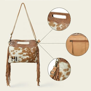 Vintage Cowhide Leather <b>Mini</b> Crossbody <b>Bag</b> | Custom Logo Hand Carved Purse | Suede Fringe Zipper Shoulder <b>Bag</b> - Product Image 4