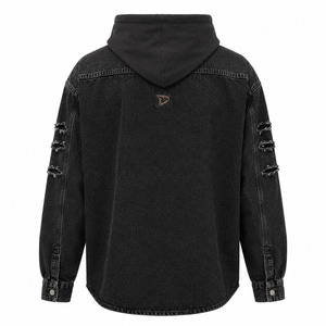 Faded Charcoal Grey Hooded Shacket Slouchy Hip Hop Urbanwear Distressed Jean <b>Shirt</b> With Embroidered Logo - Product Image 4