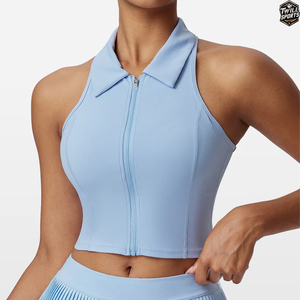 Soutien-gorge de sport sans manches zippé pour femme, haut court, couleur unie, respirant, pour yoga et fitness, maintien moyen, en Spandex et Polyester - Product Image 5