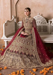 Ensemble Lehenga Brodé Bordeaux Robe de Mariée Manches Longues Coupe A-Line Anarkali avec Dupatta en Tulle Tenue de Mariée - Product Image 4