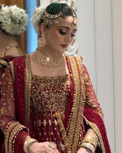 Elegant Lace Ruffles <b>Pearls</b> Crystal Beaded Chiffon Bridal Lehenga Scalloped Crop <b>Top</b> Long Sleeve A-Line Floor-Length Modern - Product Image 2