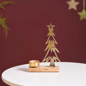 Gold Metal <b>Christmas</b> <b>Tree</b> Tea Light Holder Set of 2 Modern Wood Base Decorative Holiday Ornament - Product Image 3