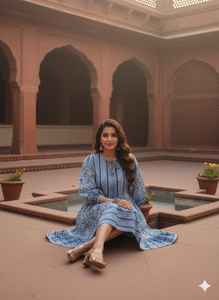 Vestido Corto con Estampado Digital Azul Índigo, Túnica Boho de Verano, Midi de Algodón con Volantes, Ropa Étnica India con Mangas con Volantes para Mujer, Natural - Product Image 3