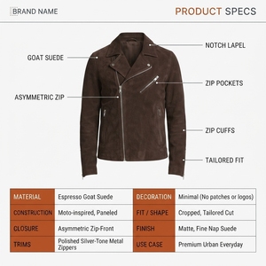 OEM Custom <b>Men's</b> Solid Espresso Goatskin <b>Suede</b> Breathable Sustainable Lined Moto Biker <b>Jacket</b> Asymmetric Zip Outerwear - Product Image 5