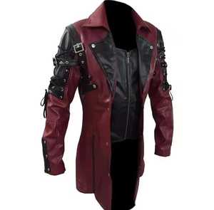<b>Men's</b> Gothic Genuine <b>Leather</b> <b>Jacket</b> Breathable Wool Lining Long Slim Fit Stand Collar Zipper Closure Solid Color Regular Sleeve - Product Image 3