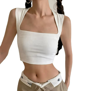 Nuevo Top Deportivo Corto con Cuello Cuadrado y Hombros Anchos Estilo INS para Mujer, Color Blanco - Product Image 6